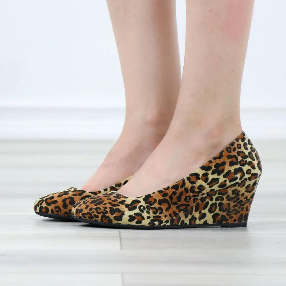 Leopard Print Wedge Shoes Closed Toe Slip-On Animal Pattern Heels - Picture 11 of 11